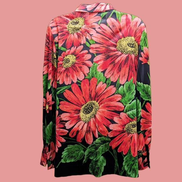 Vintage 1970s Long Sleeve Black and Red Floral Polyester Blouse - Picture 2 of 4